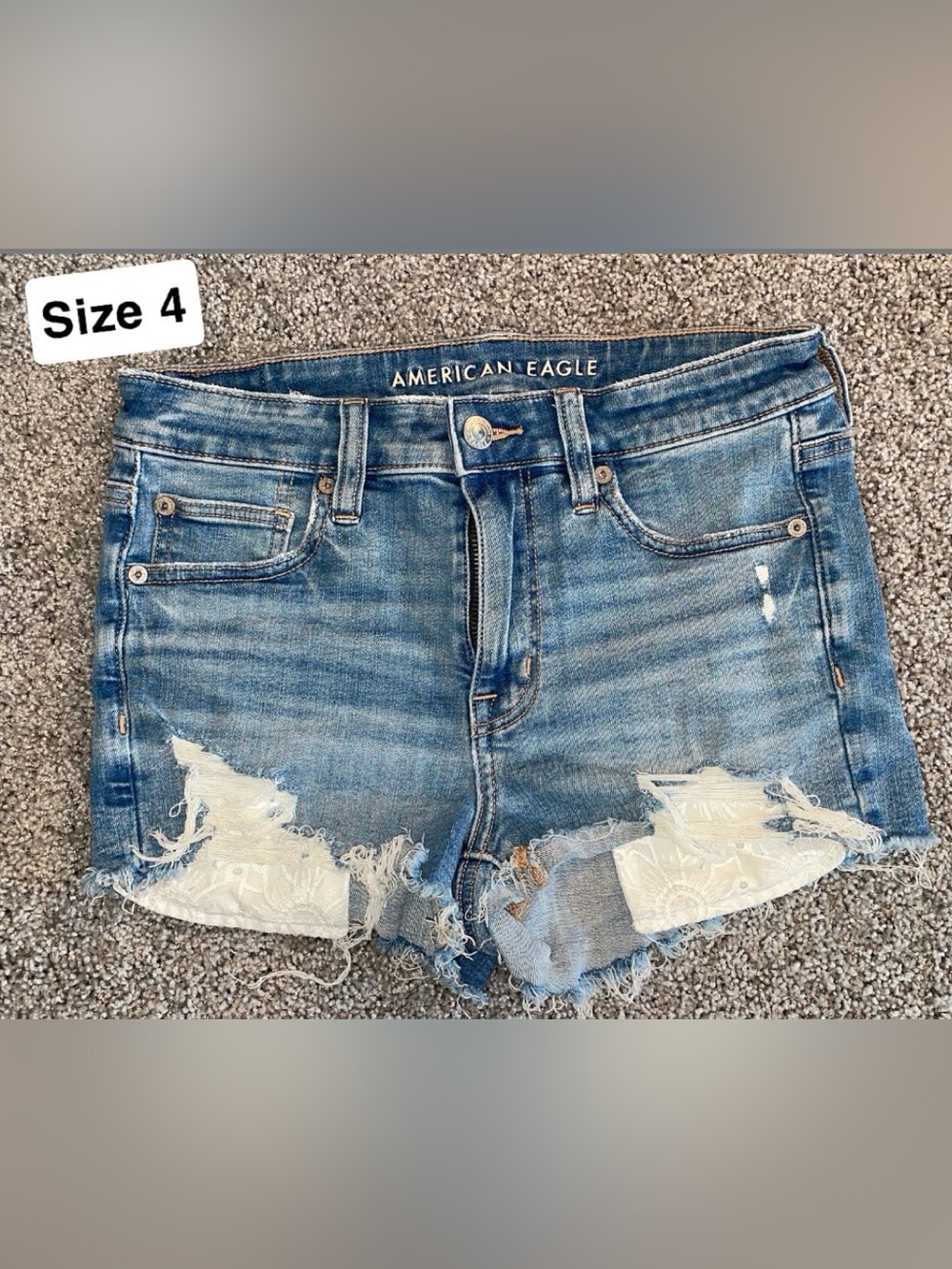 American Eagle Outfitters Blue Distressed Lace-Patch Denim Shorts